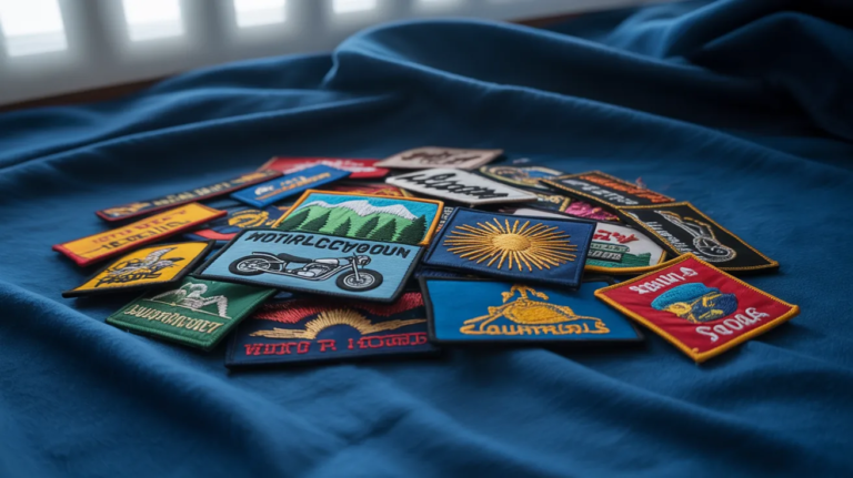 Why Custom Embroidered Patches Are the Smartest Branding Move in 2026 Multiple embroidered patches placed over a blue cloth