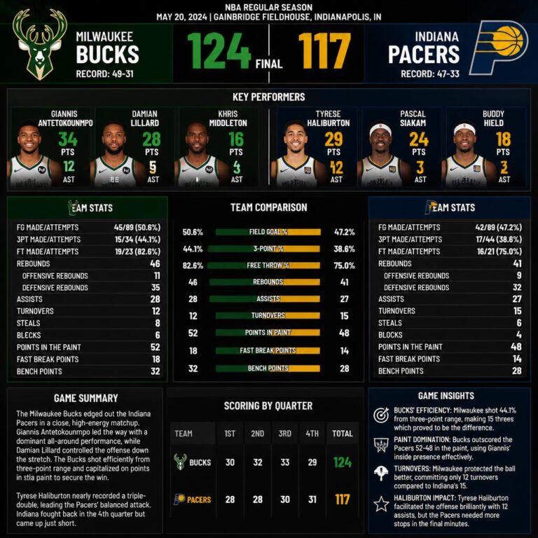 milwaukee bucks vs pacers match player stats