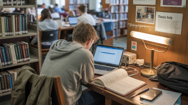 Thesis student working on his laptop in a university library.